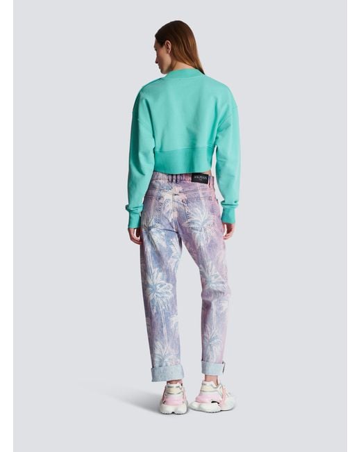 Balmain Blue Logo Printed Crewneck Cropped Sweatshirt