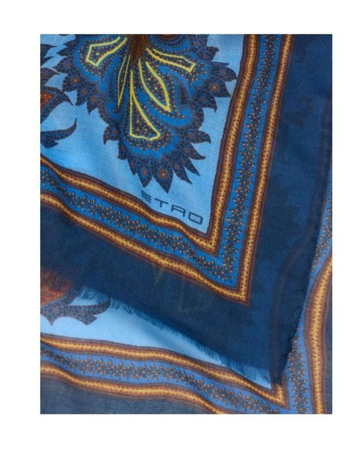 Etro Blue Modal And Cashmere Scarf With Paisley Motif