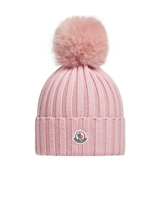 Moncler Pink Pom Pom Logo Patch Beanie