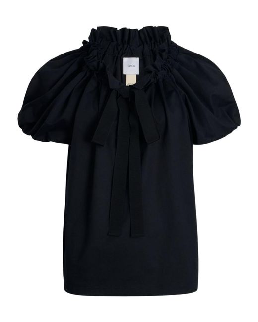 Patou Black Drawstring Puff-Sleeve Top