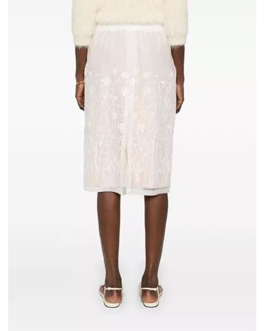 P.A.R.O.S.H. White Floral-Embroidered Midi Skirt
