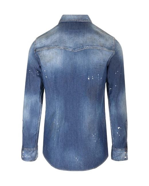 DSquared² Blue Paint-Splatter Denim Shirt for men
