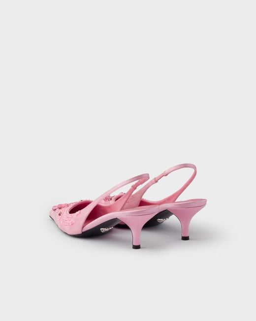 Prada Pink Embroidered Satin Slingback Pumps