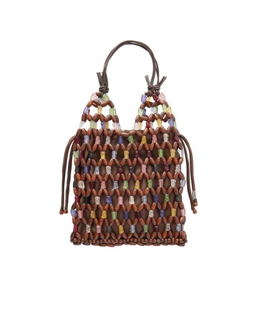 Staud Brown Kelly Leather-Trimmed Beaded Wood And Glass Satin Tote