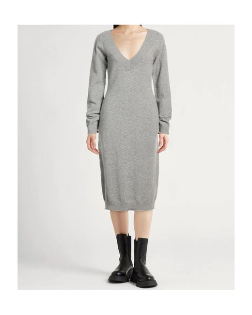 Sportmax Gray Long Sleeve V-Neck Dress
