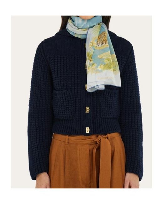Ferragamo Blue Jungle Print Silk Scarf