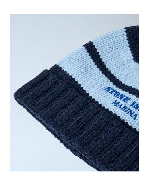 Stone Island Blue Striped Knitted Beanie for men