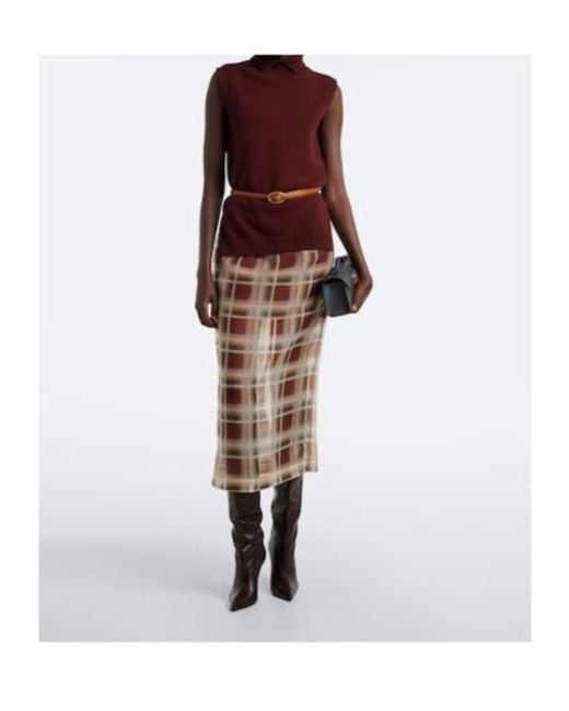 FRAME Brown Check Silk Midi Skirt