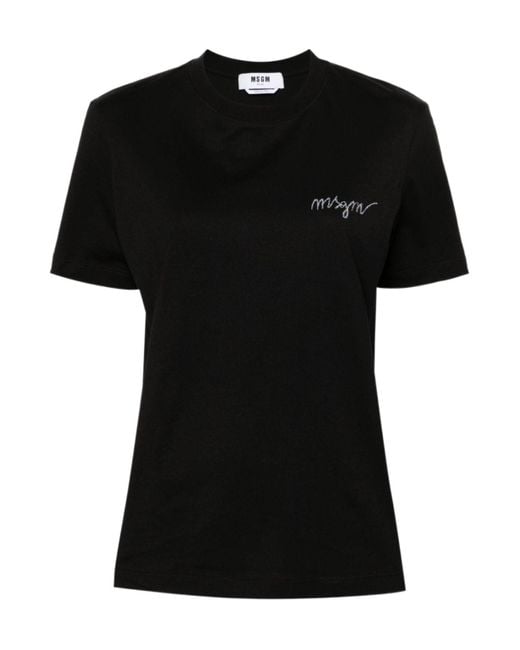 MSGM Black Logo Embroidered Crewneck T-Shirt