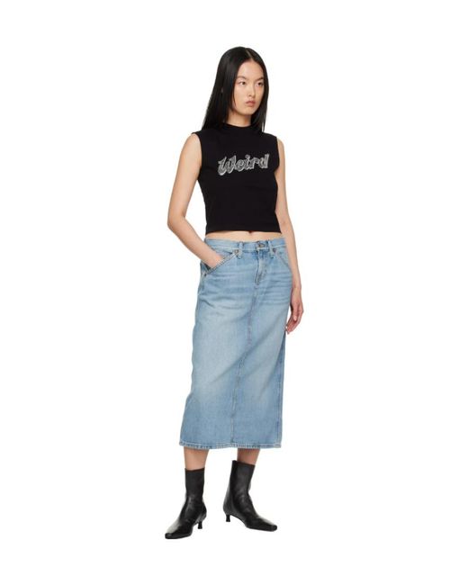 Re/done Blue Low Rider Midi Denim Skirt