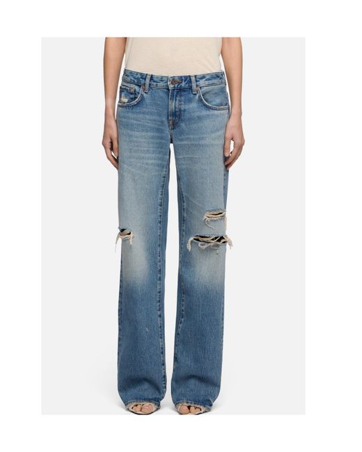 7 For All Mankind Blue Distressed Low Straight Jeans