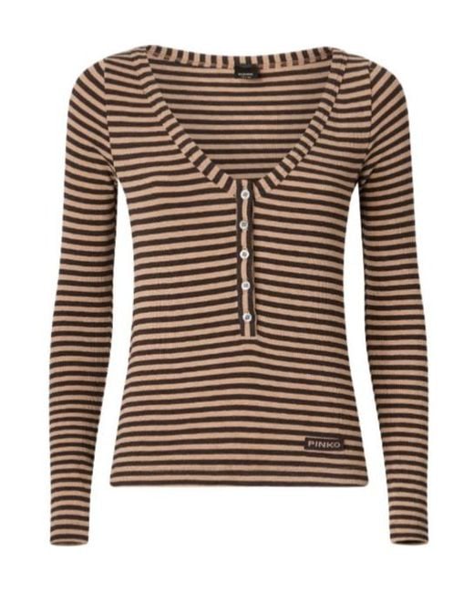 Pinko Brown Striped Ribbed-Knit T-Shirt
