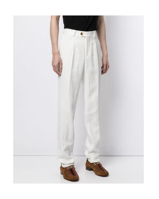 Brunello Cucinelli White Pleat-Detailing Linen Tapered Trousers for men