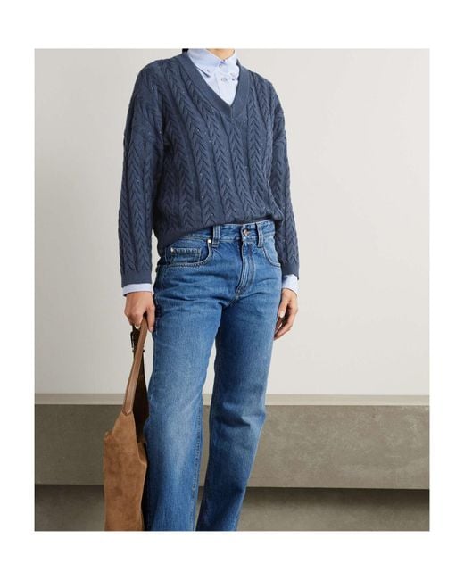 Brunello Cucinelli Blue V-Neck Knitted Jumper