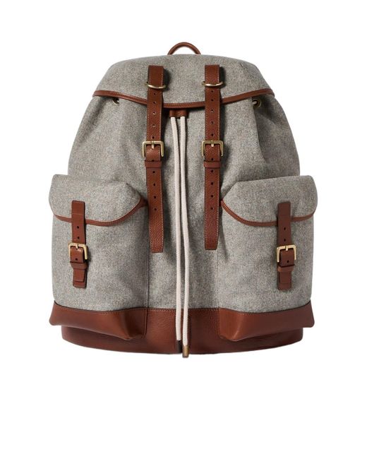 Brunello Cucinelli Brown Virgin Wool, Alpaca And Cashmere Flannel Field Backpack With Grained Calfskin Inserts for men