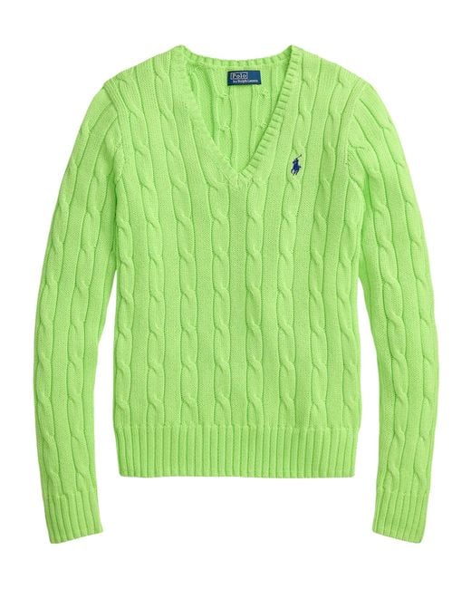 Polo Ralph Lauren Green Kimberly Cable-Knit V-Neck Sweater
