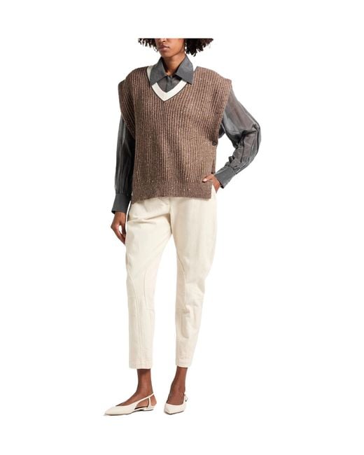 Brunello Cucinelli Brown Vneck Shortsleeve Knit Top