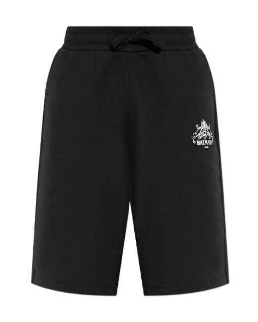 Balmain Black Logo Print Drawstring Shorts for men