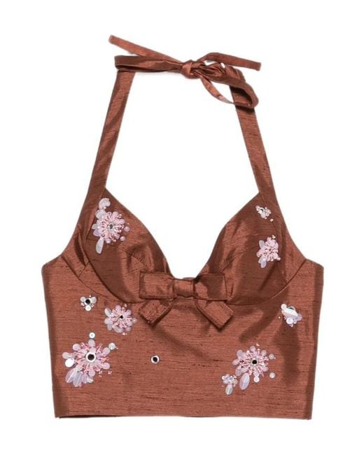 ShuShu/Tong Brown Bead-Embellished Bow-Detail Top