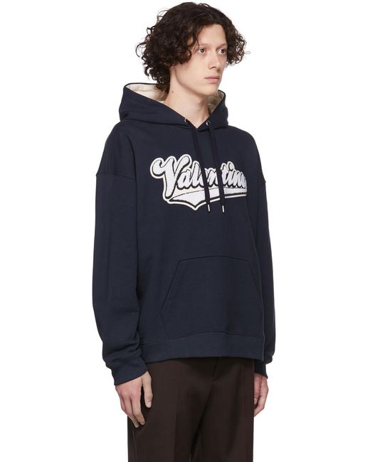 Valentino Blue Logo Flocked Drawstring Hoodie for men