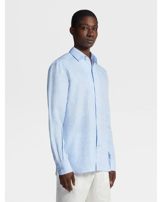 Zegna Blue Long-Sleeve Linen Shirt for men