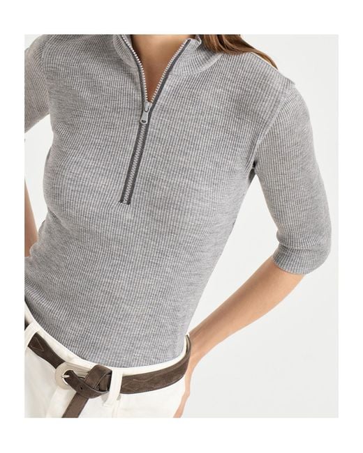 Brunello Cucinelli Gray Ribbed Zip-Neck Top