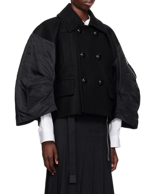 Sacai Black Double-Breasted Cropped Jacket