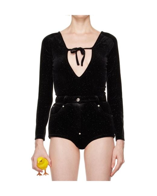 Pushbutton Black Lace-Up Bodysuit