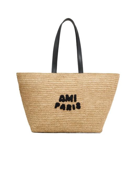 AMI Natural Ami Logo Patch Woven Tote Bag