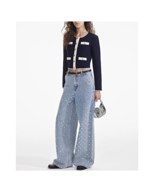 Self-Portrait Blue Cropped Crochet Cardigan
