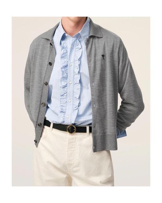 AMI Gray Wool Shirt Collar Ami De Coeur Cardigan for men