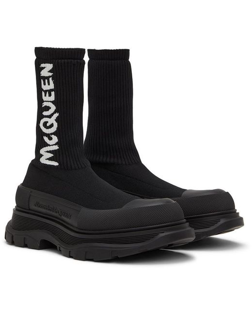 McQueen Black Tread Slick Logo Intarsia Boots for men
