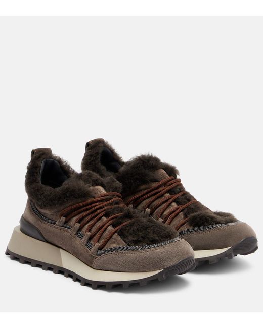 Brunello Cucinelli Brown Shearling-Lined Suede Low-Top Sneakers