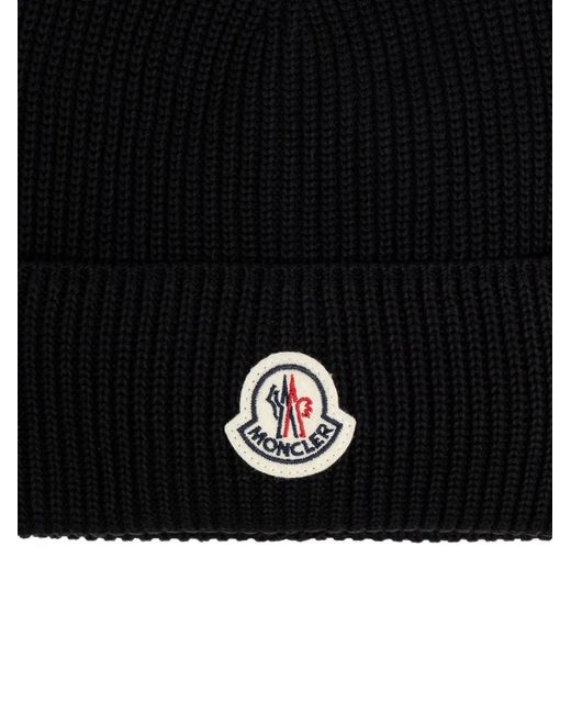 Moncler Black Logo Tricot Beanie Hat for men