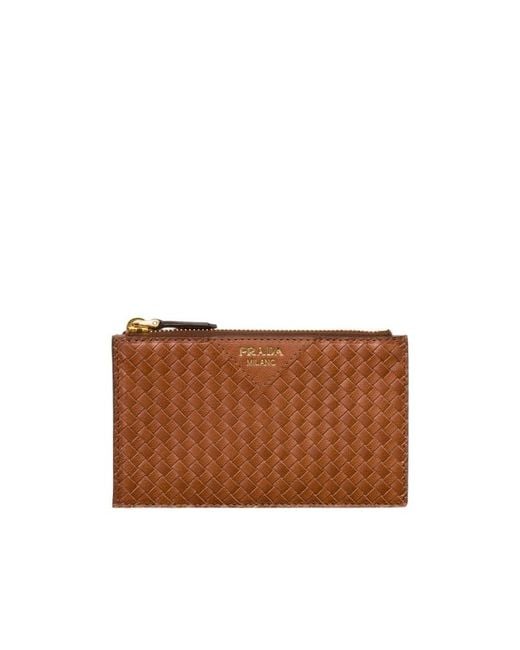 Prada Brown Woven Madras Leather Card Holder