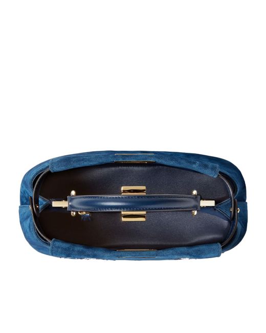 Fendi Blue Mini Peekaboo Floral-Embroidered Denim Tote Bag