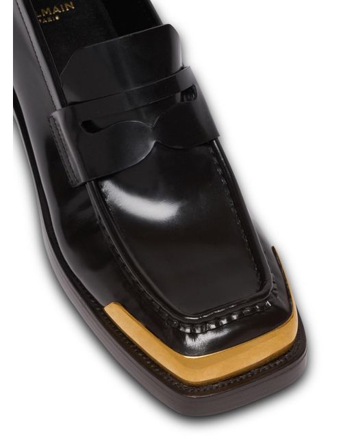 Balmain Black Square-Toe Glazed Leather Loafers for men