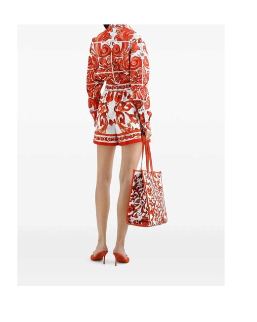 Dolce & Gabbana Red Majolica-Printed Bermuda Poplin Shorts