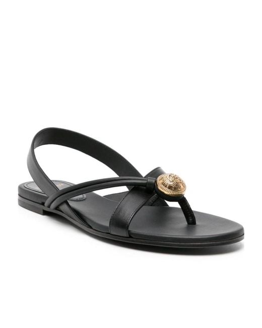 Balmain Black Embossed Button Thong Strapped Sandals