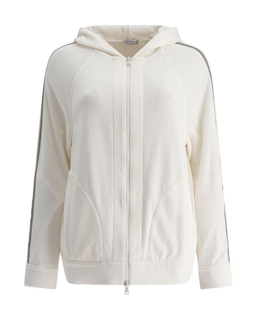 Brunello Cucinelli White Trim Embellished Zipped Hoodie