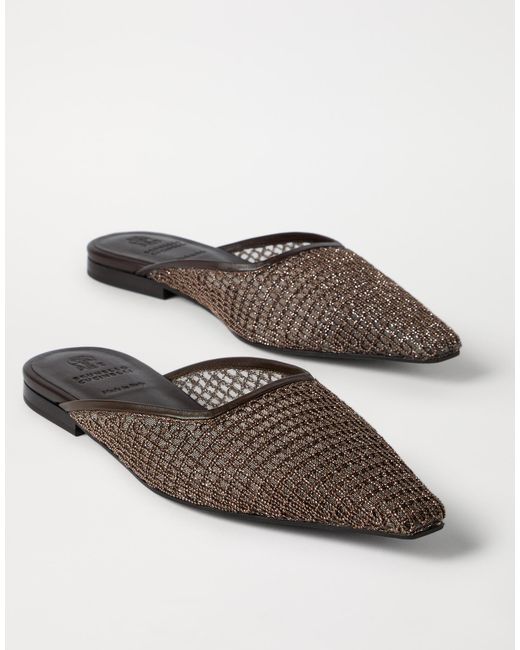 Brunello Cucinelli Brown Square Toe Net-Embroidery Mules
