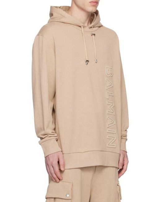 Balmain Natural Logo Embossed Drawstring Hoodie for men