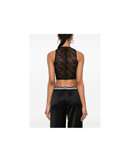 Alessandra Rich Black Sleeveless Cropped Laced Tank Top
