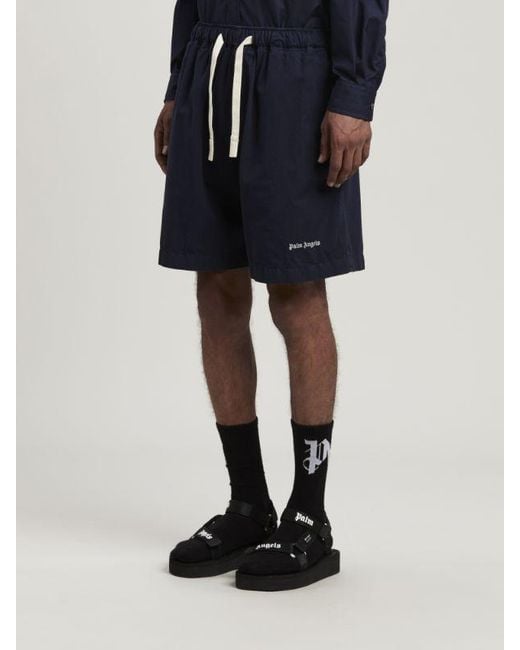 Palm Angels Blue Logo-Embroidered Drawstring Bermuda Shorts for men