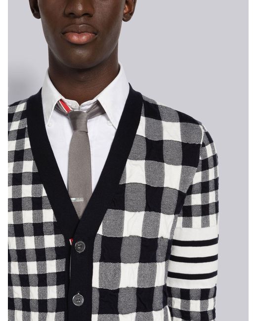 Thom Browne White 4-Bar Stripe Gingham-Check Cardigan for men