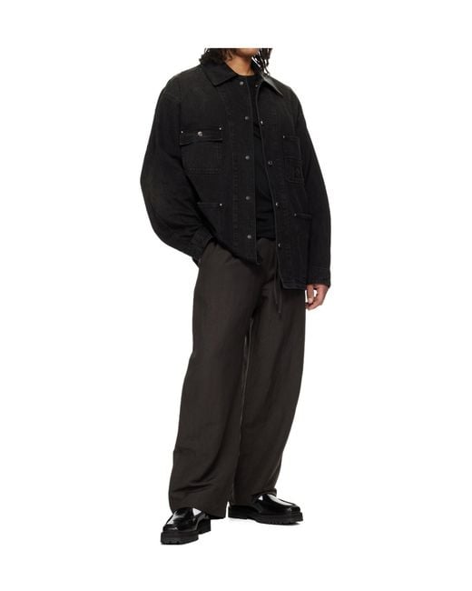 Wooyoungmi Black Leather Collar Washed Denim Jacket for men