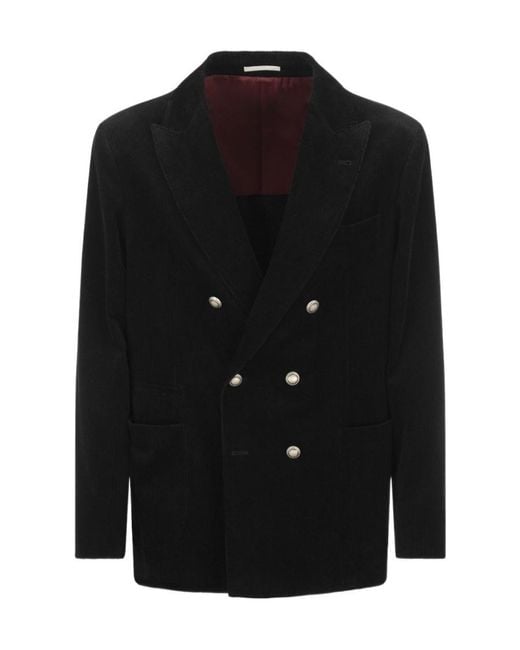 Brunello Cucinelli Black Double-Breasted Corduroy Blazer for men