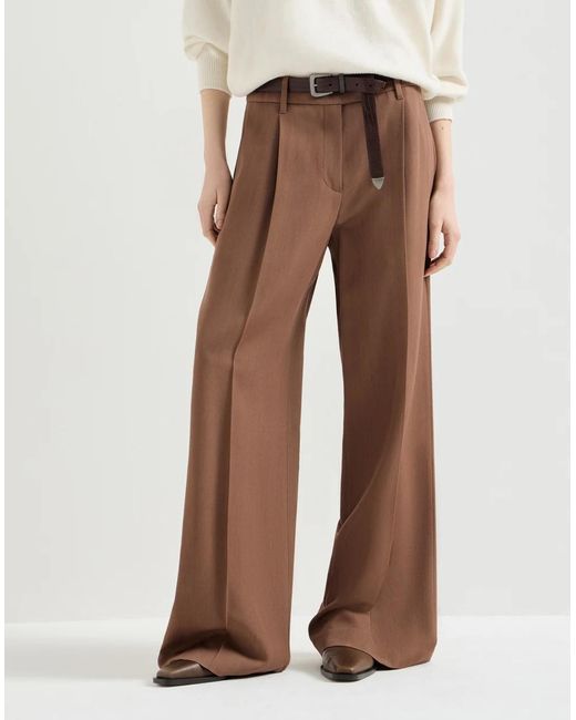 Brunello Cucinelli Brown Virgin Wool And Viscose Tricotine Loose Pleated Trousers With Monili