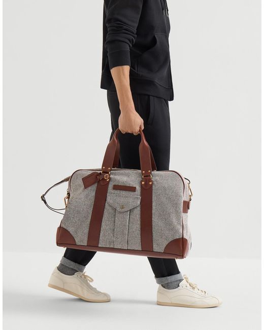 Brunello Cucinelli Brown Leather-Trim Holdall Bag for men