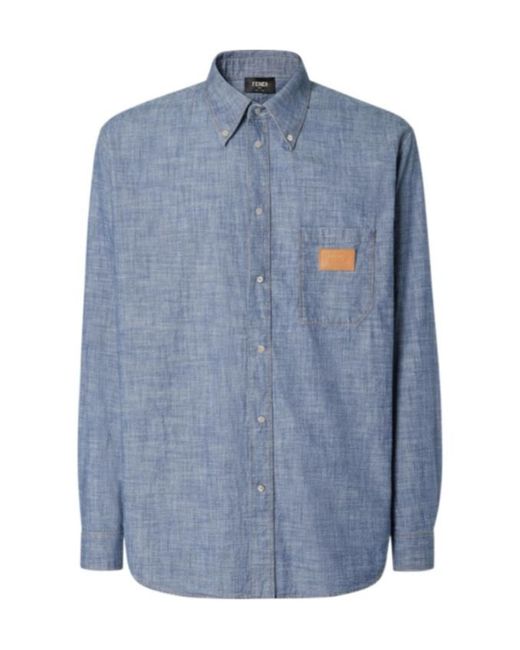 Fendi Blue Logo Patch Long Sleeved Shirt for men